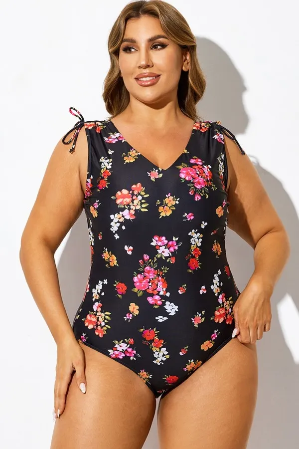 Black Floral Print V-Neck One Piece Swimsuit