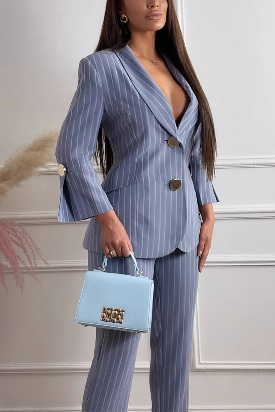 Women'S Fashion Striped Casual Slit Top And Pants Two-Piece Set