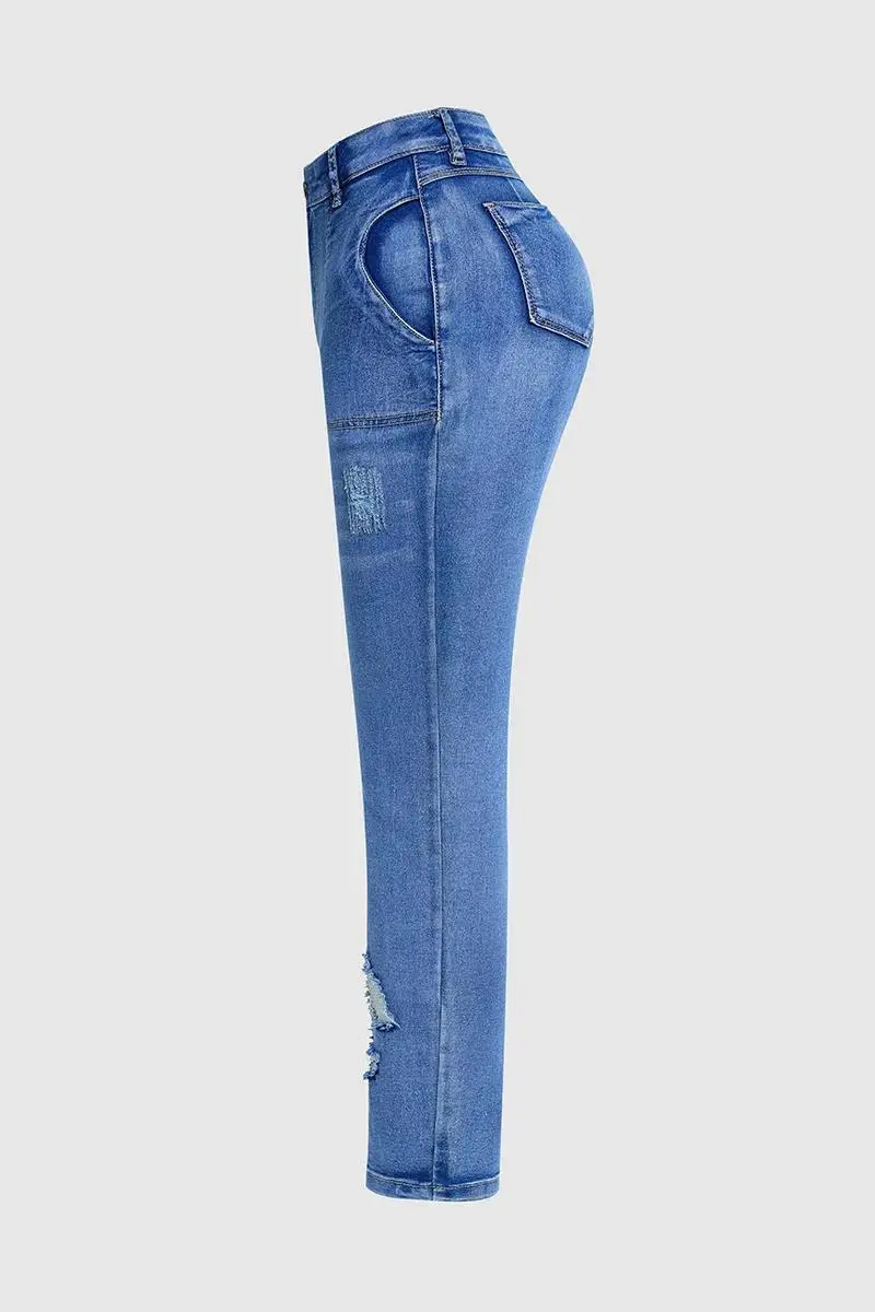 Ripped Double Button Wash Stretchy High Waist Skinny Jeans