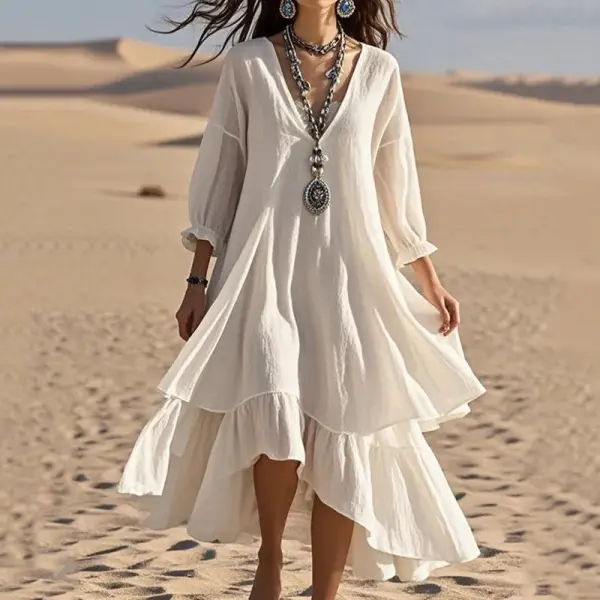 Women's Vintage Solid Color Linen V-neck Dress
