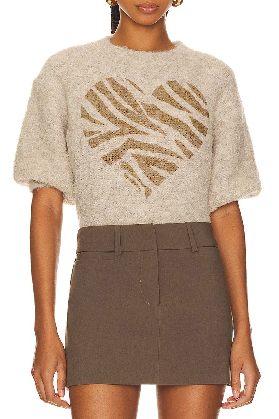 Zebra Heart Print Short Sleeve Sweater