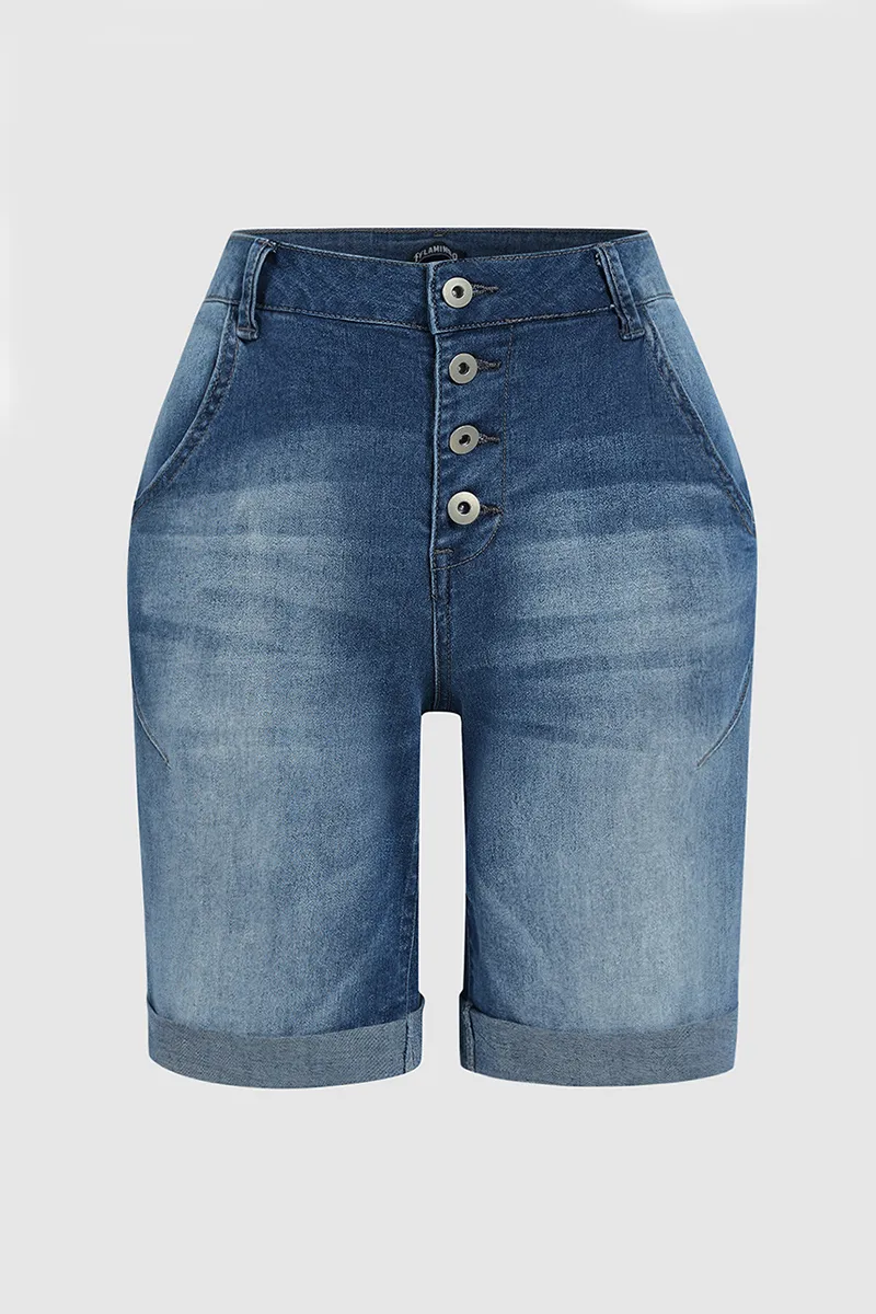 Button Fly Roll Hem Denim Mid Thigh Shorts Without Belt