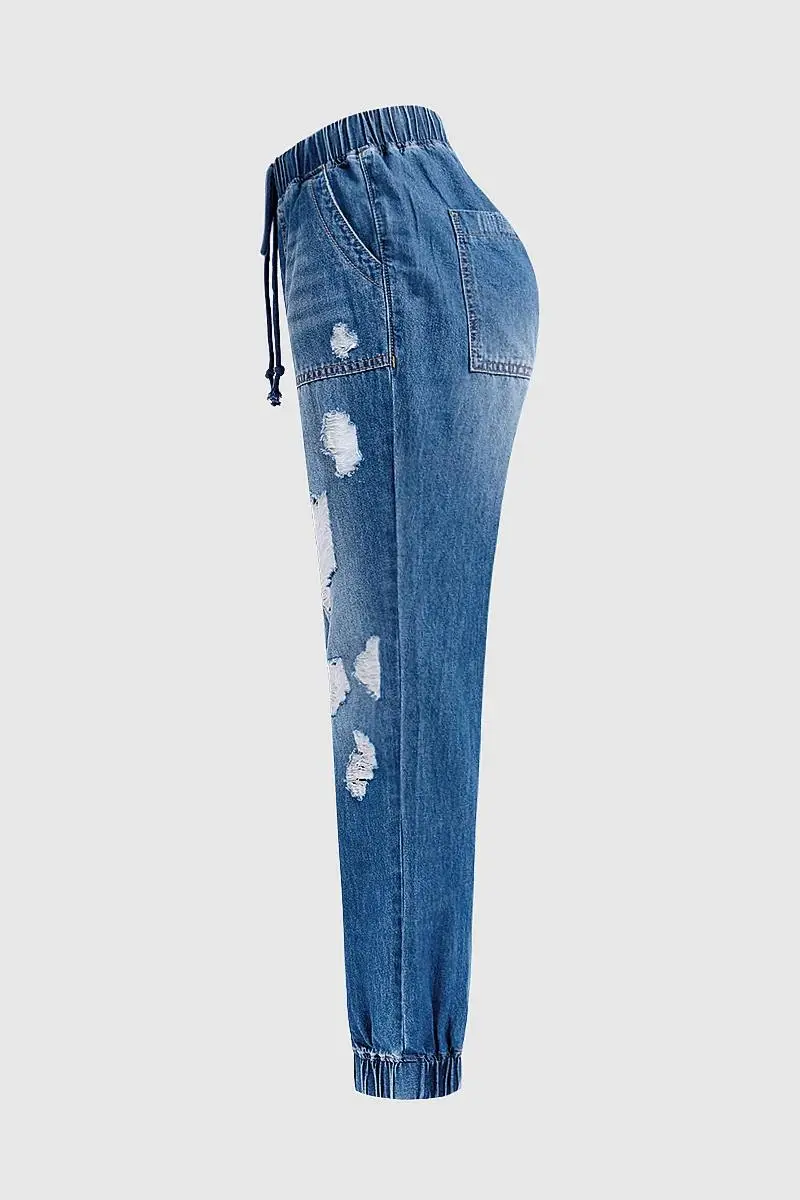 Cut Out Slant Pocket Drawstring Mid Rise Straight Leg Cropped Jeans