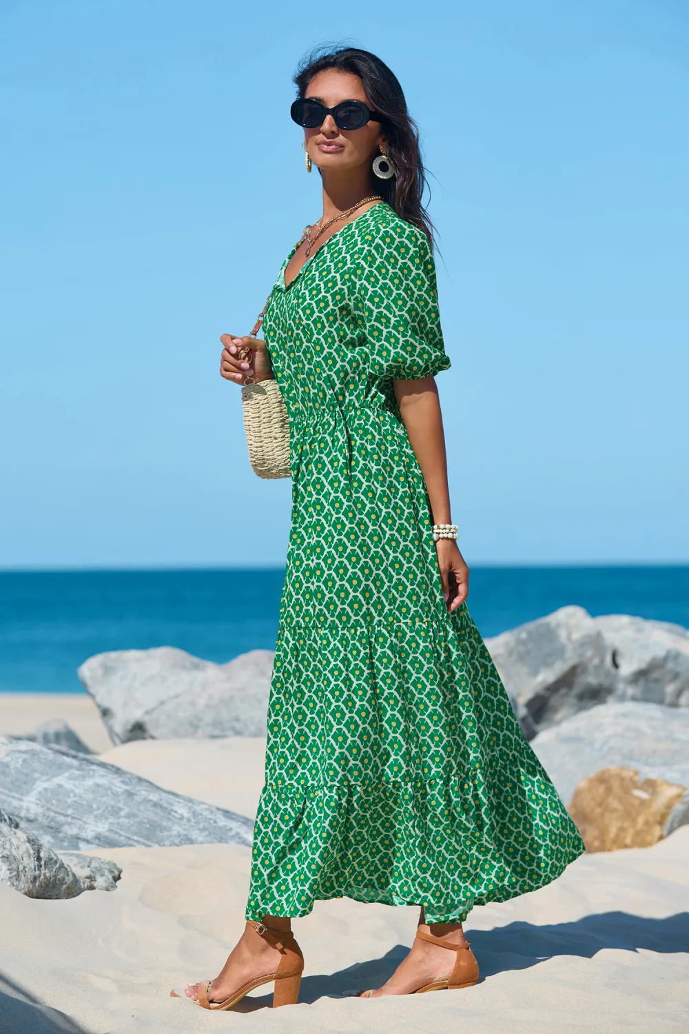 Boho Floral Notched Neck Puff Sleeve Midi Dress