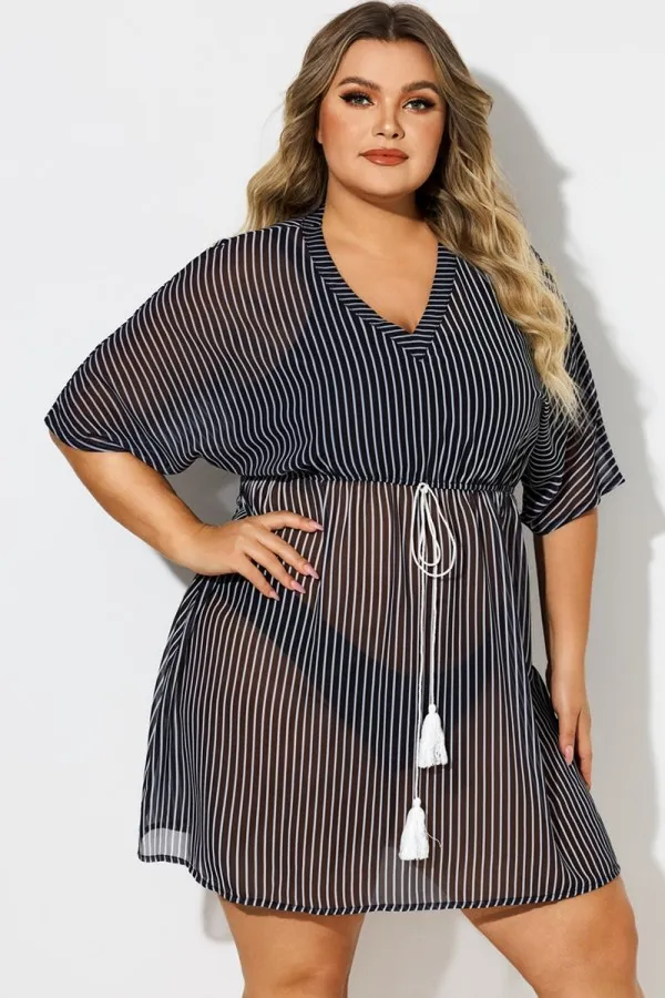Plus Size Striped Tassel Tie Front Cover Up