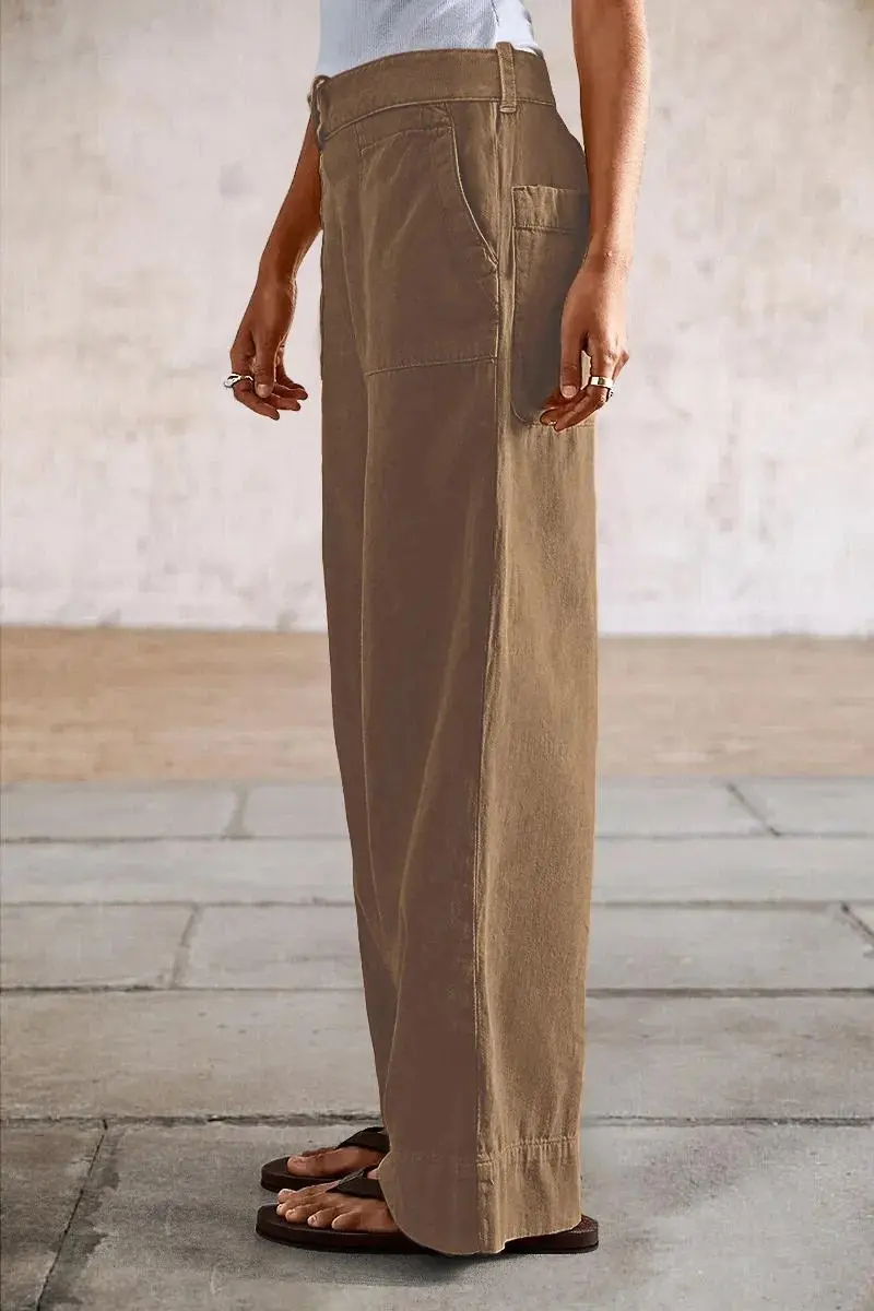 Solid Stitch Detail Mid Waist Straight Leg Pants