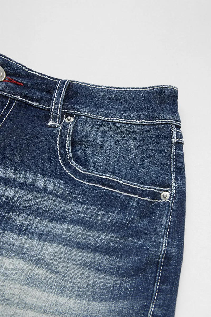 Stitch Pocket Raw Hem Mid Waist Denim Shorts