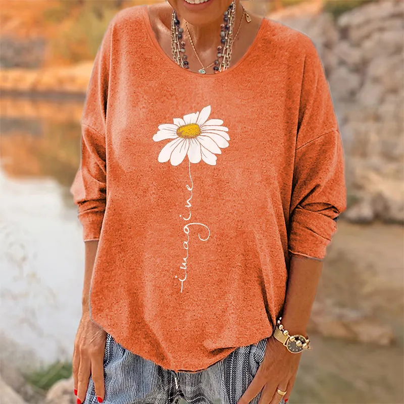 Oversized Imagine Little Daisy Printed Hippie Long Sleeves T-shirt