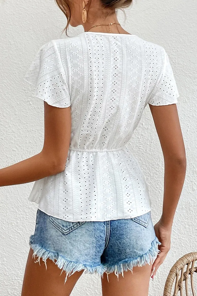 Eyelet Embroidery Contrast Lace Ruffle Short Sleeve Peplum T-Shirt