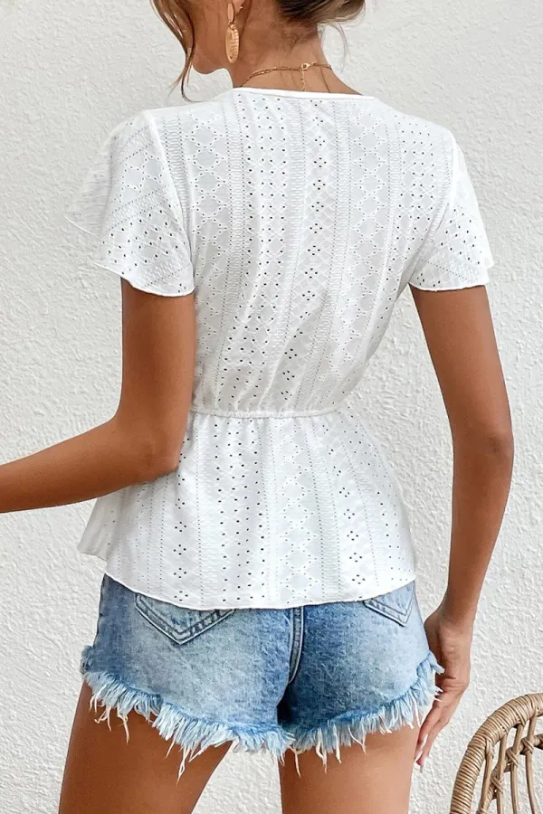 Eyelet Embroidery Contrast Lace Ruffle Short Sleeve Peplum T-Shirt