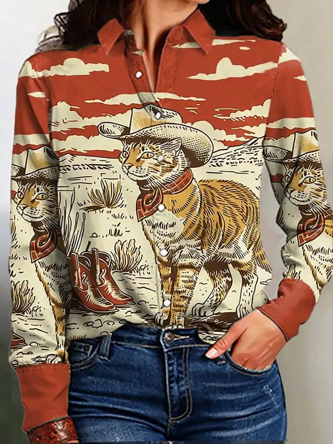 Women's Vintage Western Print Long Sleeve Shirt