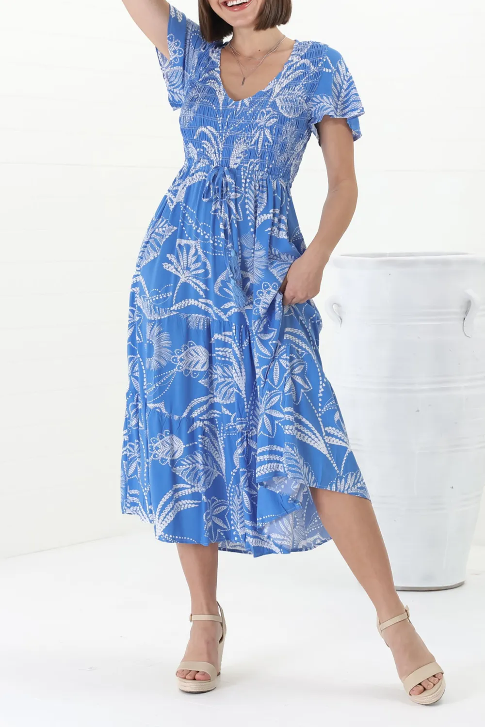 Blue Floral Print Flutter Sleeve Midi Dress