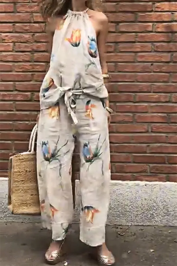 Women'S Printed Cotton And Linen Halter Neck Top And Pants Two-Piece Set