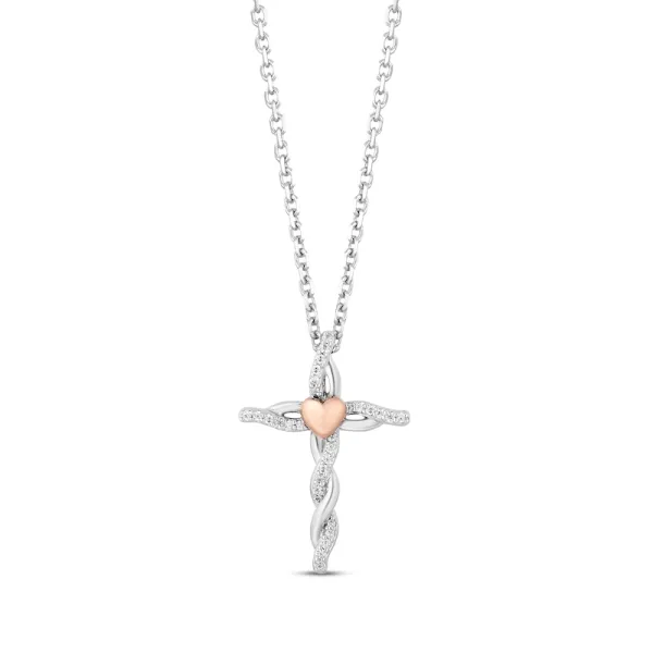 Hallmark Diamonds Cross Necklace 1/10 ct tw Sterling Silver & 10K Rose Gold 18