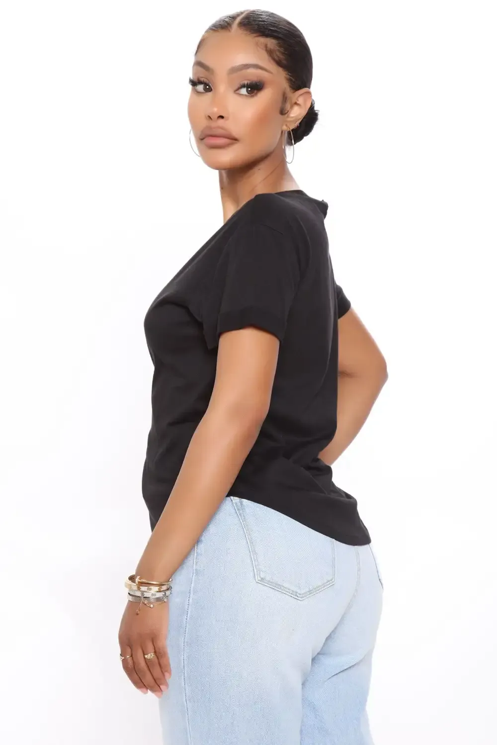Annie Cuffed Short Sleeve Top - Black