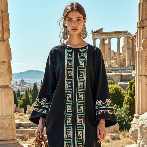 Vintage Greek Key Crew Neck Cotton Blend Mixi Dress