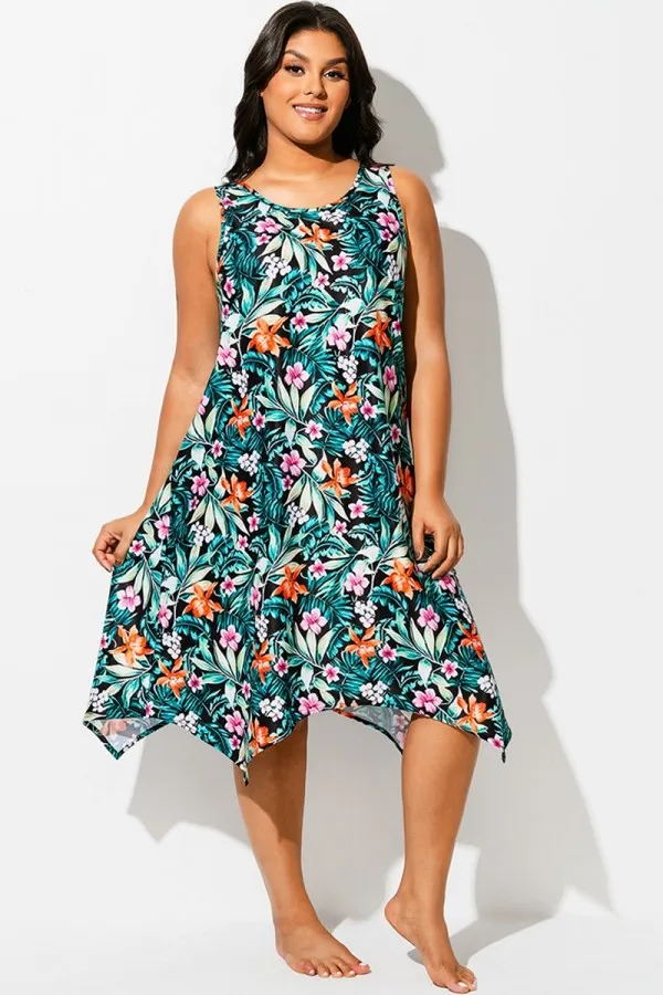 Floral Print Round Neck Sharktail Beach Cover Up