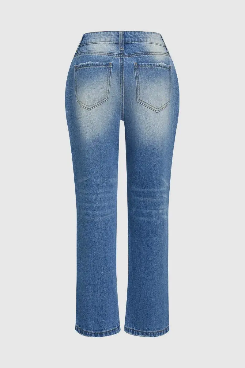 Cut Out Raw Hem High Waist Straight Leg Cropped Jeans