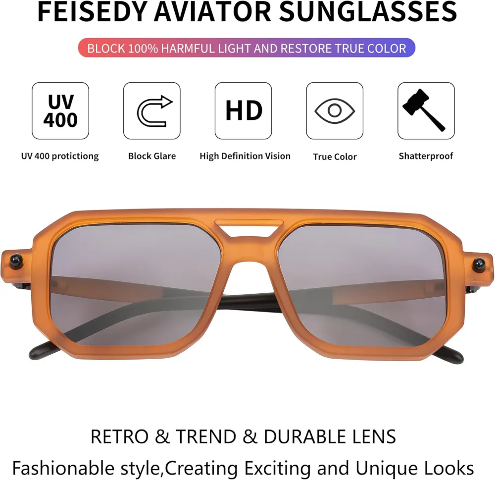 FEISEDY Vintage Square 70s Flat Aviator Sunglasses Women Men Classic Retro Stylish Frame UV400 Sunglasses B2622