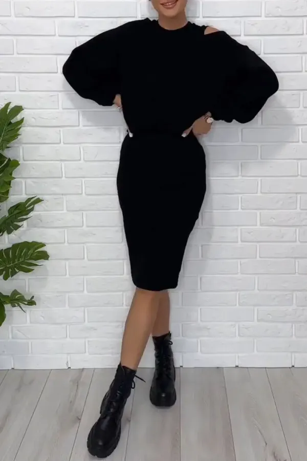 Women's Long-sleeved Off-shoulder Sweatshirt and Vest Skirt Two-piece Set