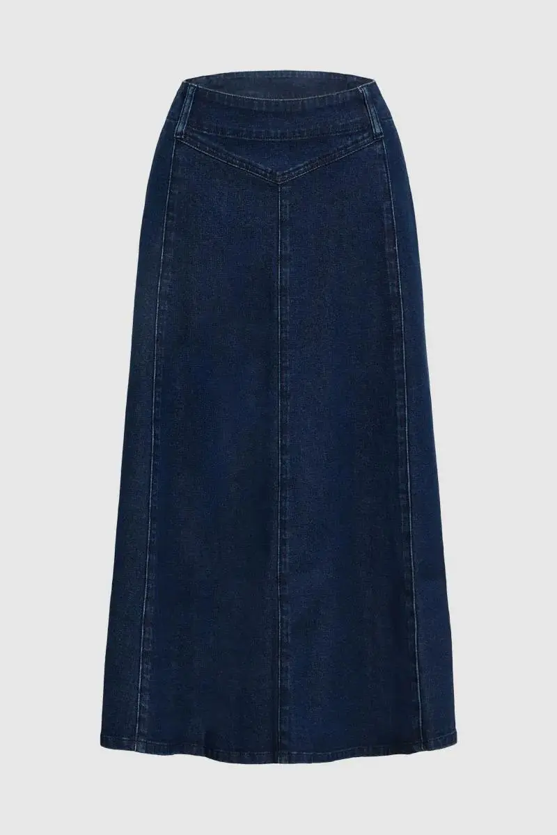 Wash Stitch Detail High Rise Long Denim Skirt Without Belt