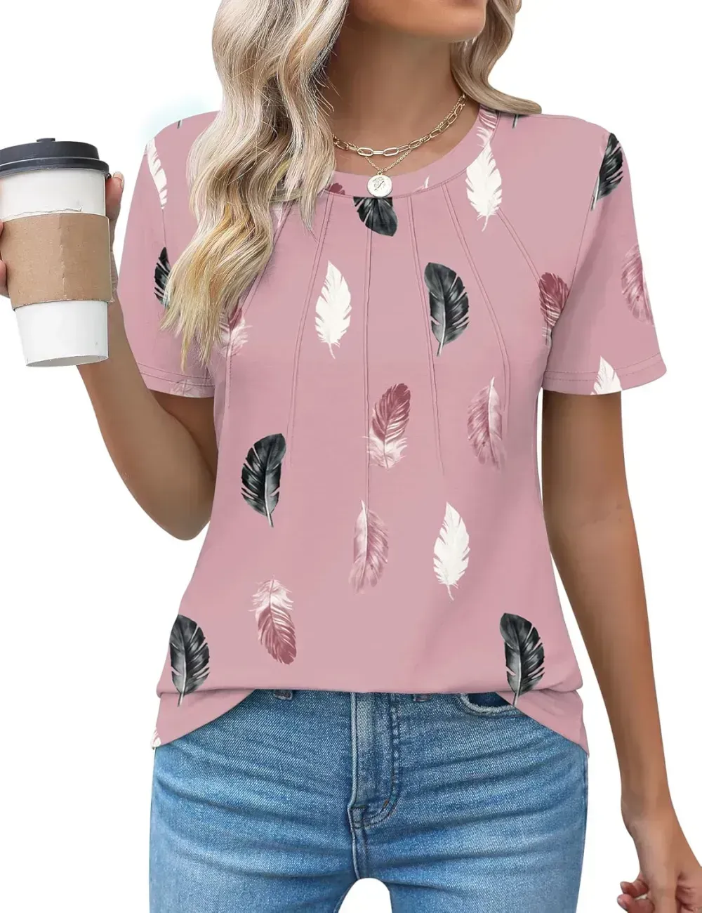 Kistore Womens Casual Crew Neck Short Sleeve Pleated Tops Blouses Fashion Clothes 2024