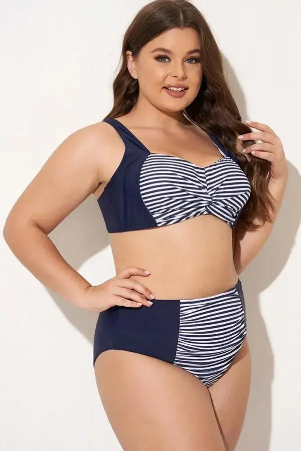 Navy Striped Twist-Front Bikini Top