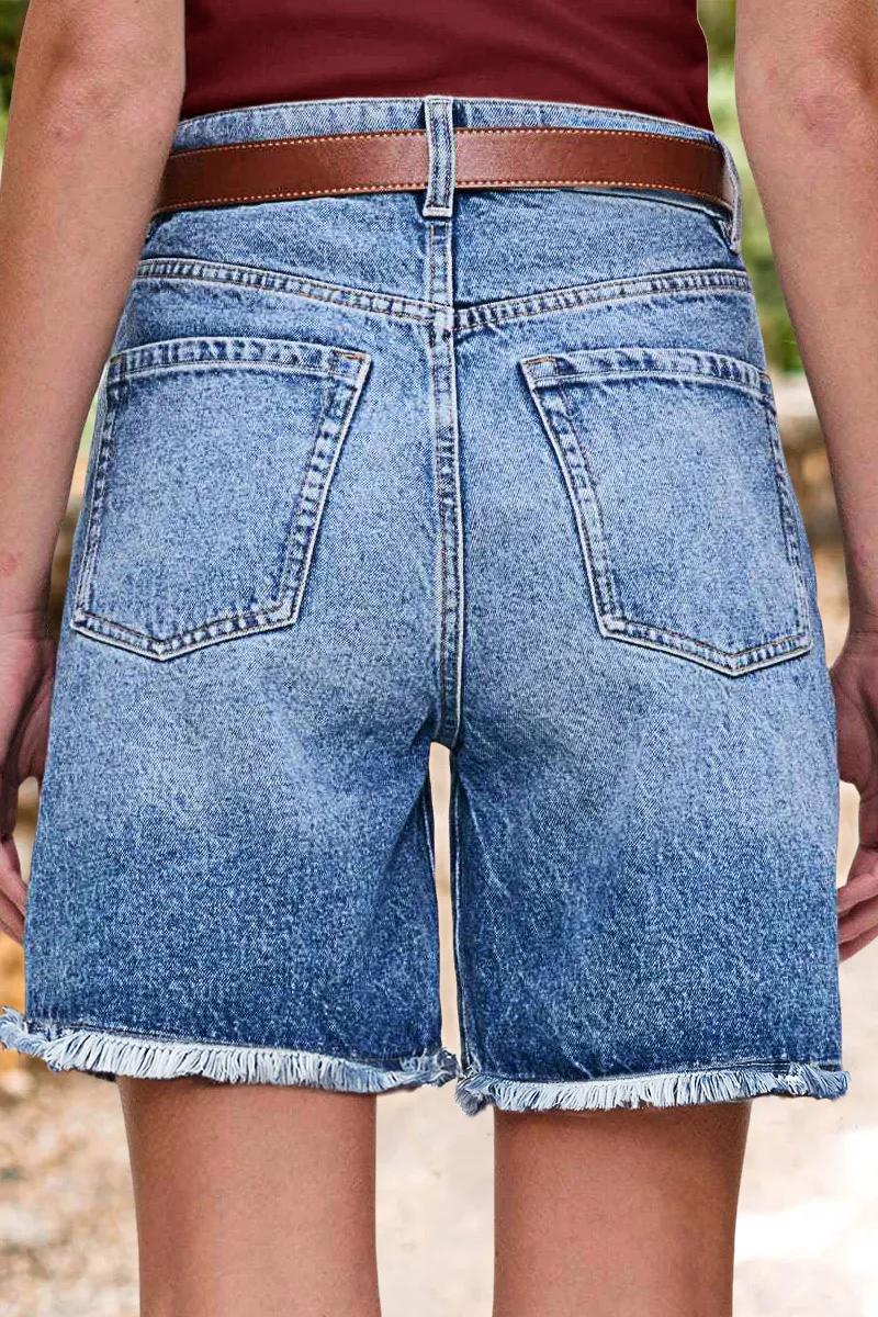 Wash Raw Hem Mid Thigh Denim Shorts Without Belt