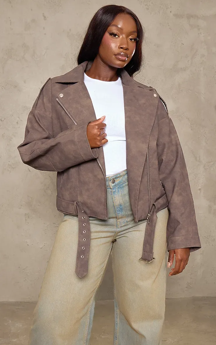 Brown Distressed Soft Faux Leather Oversized Biker Jacket