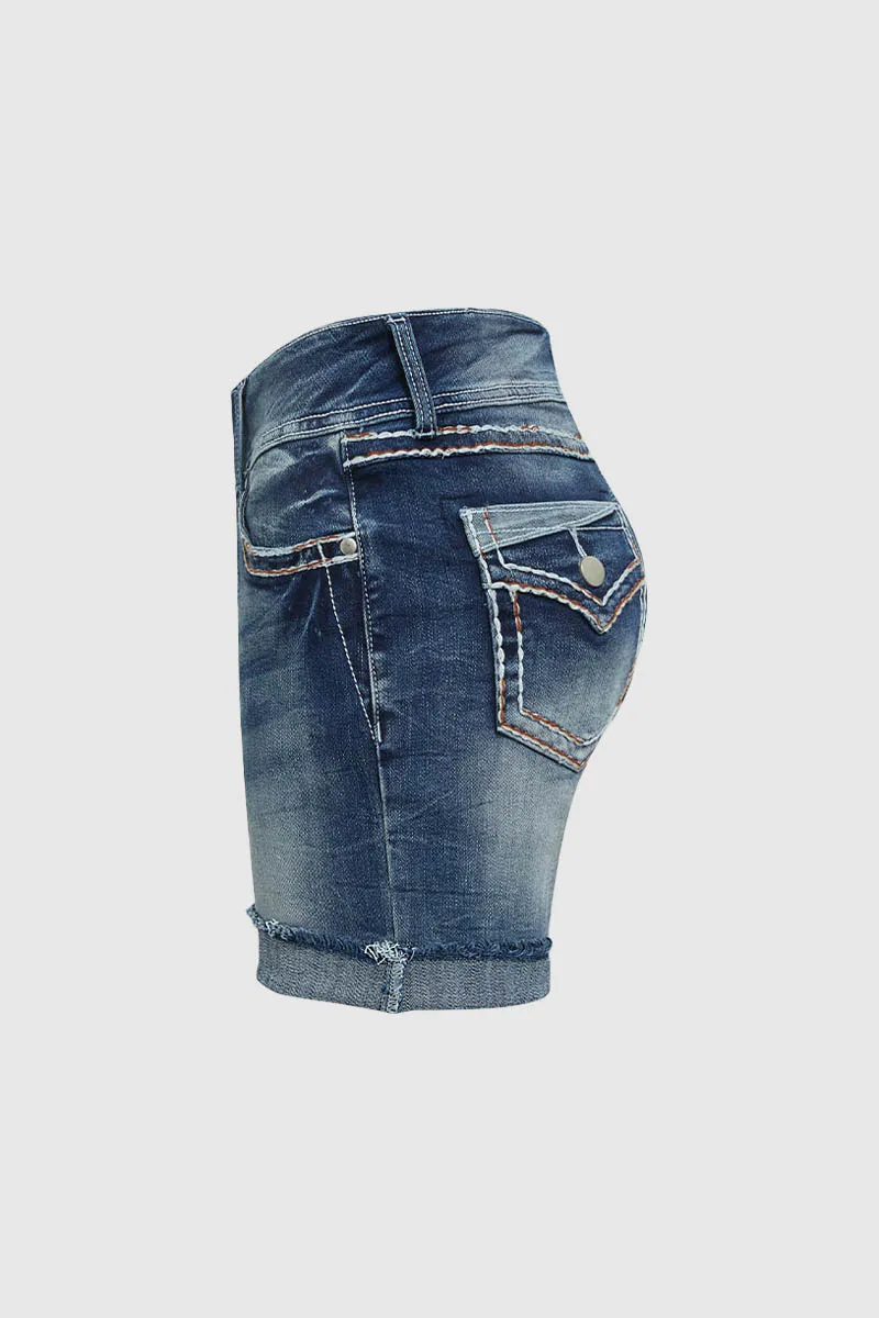 Roll Hem Button Up High Rise Denim Shorts
