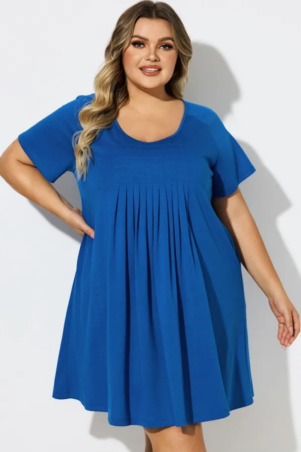 Blue Round Neck Box-Pleat Cover Up