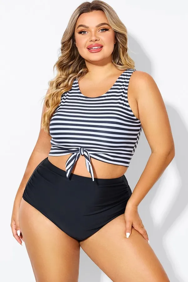 Black & White Striped Knotted Crop Bikini Top