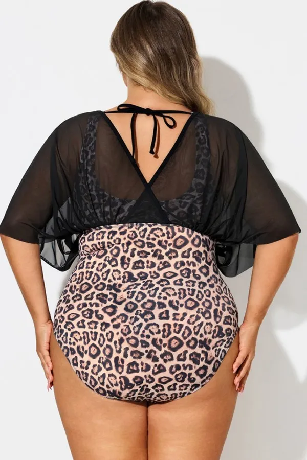 Solid Black Mesh Patchwork One Piece Swimsuit