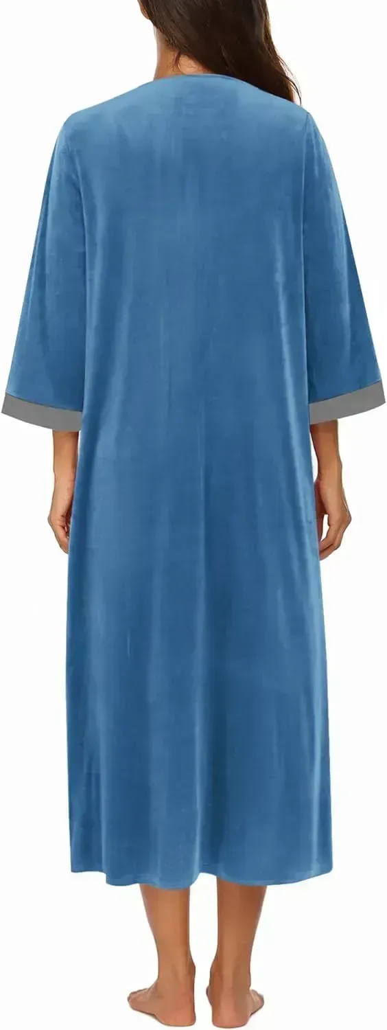 Women Zipper Robe 3/4 Sleeves Loungewear Dress Full Length Sleepwear Pockets Housecoat Nightgown Long Bathrobe