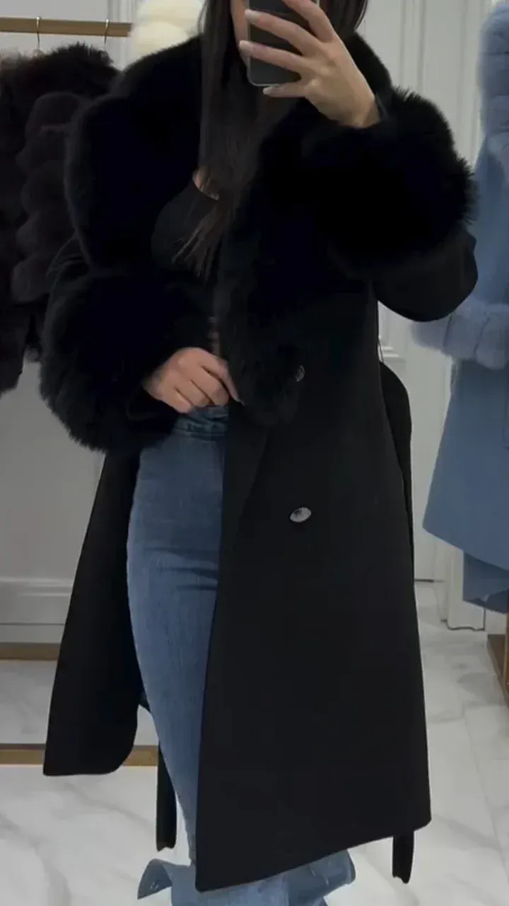 Women's Furry Long Coat with Large Lapel and Ties