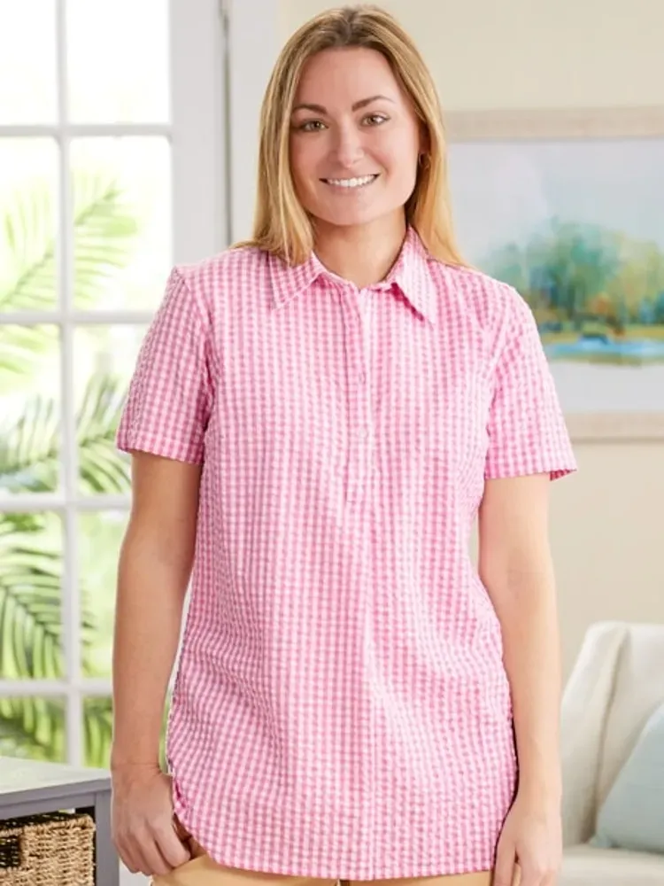 Women's Short-Sleeve Cotton Seersucker Popover Top