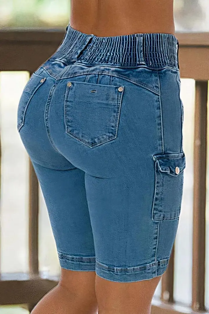 Ripped Flap Pocket Elastic High Waist Denim Bermuda Shorts