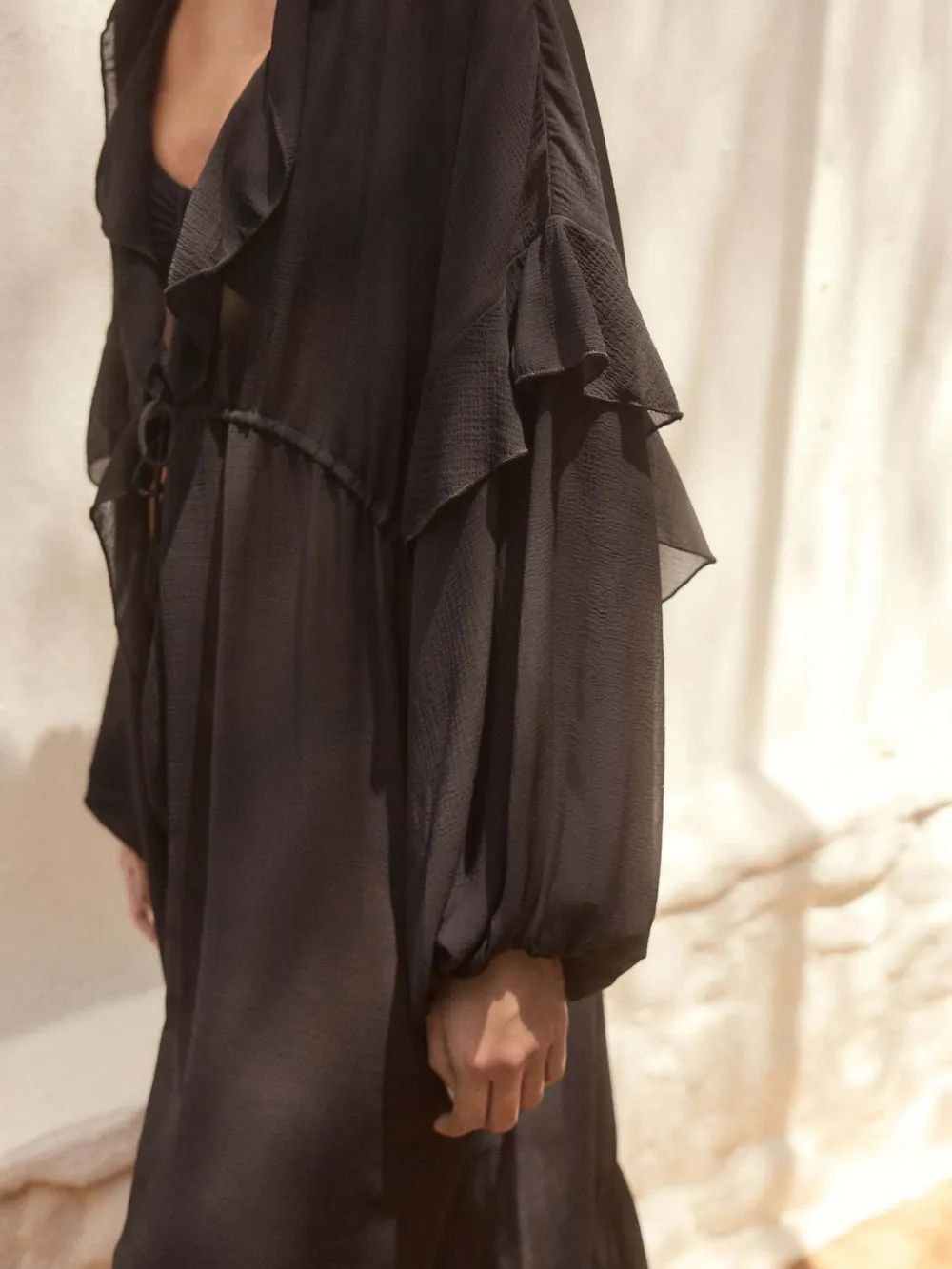 Black Transparent Pleated Long Cardigan