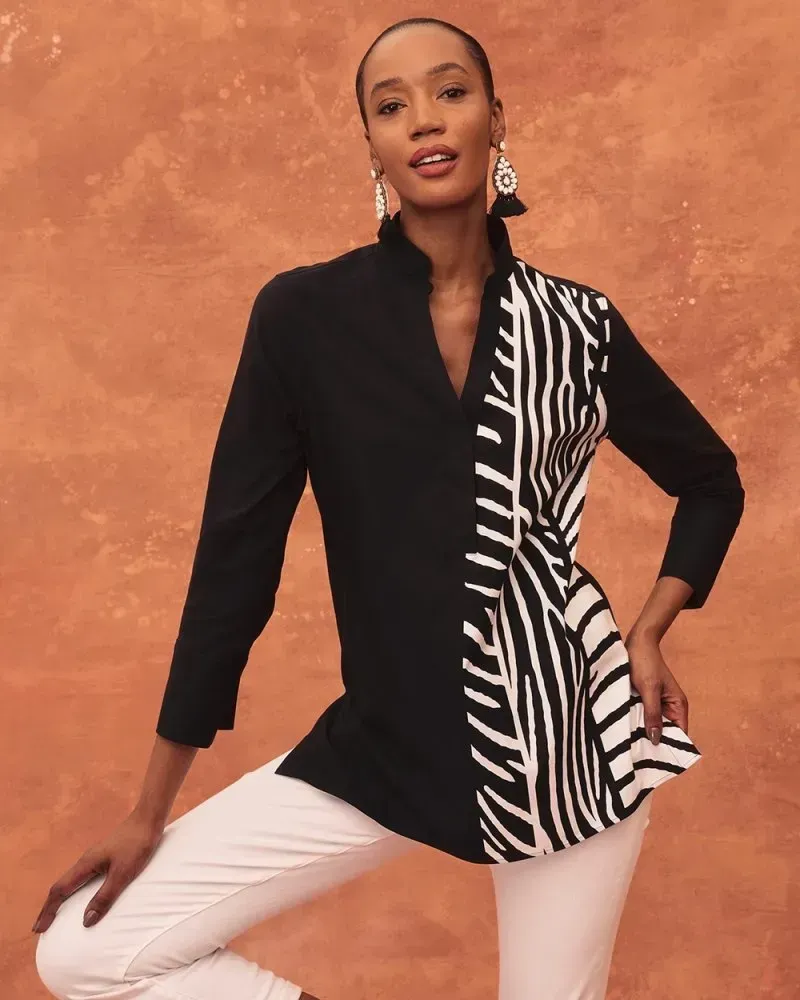 No-Iron Stretch Animal Print Tunic Black/White