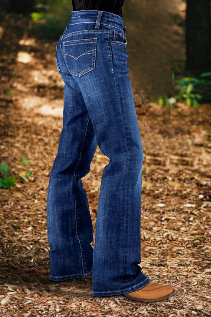Stitch Detail Wash Mid Waist Straight Leg Jeans