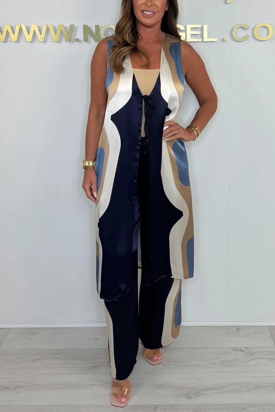 Women'S Satin Contrasting Color Casual Long Top And Pants Two-Piece Set