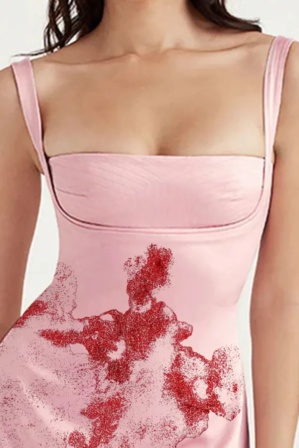 Silky Satin Square Neck Suspender Strap Party Mini Dress - Pink