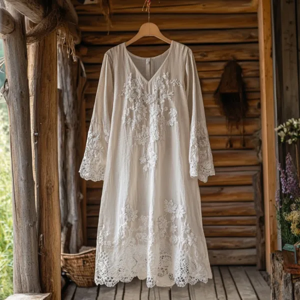 Floral Embroidery Lace Art Linen Blend Maxi Dress