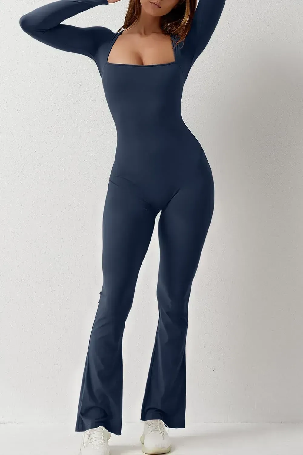 Long Sleeve Jumpsuits for Women Square Neck Wide Leg Full Length Romper Playsuit