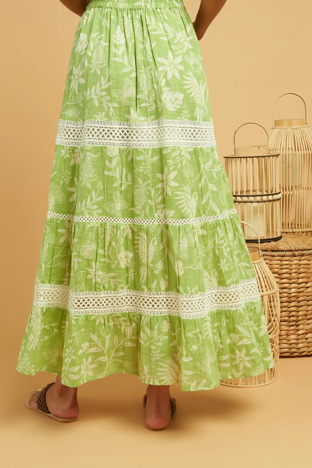 Light Green And White Lace Trimmed Maxi Skirt