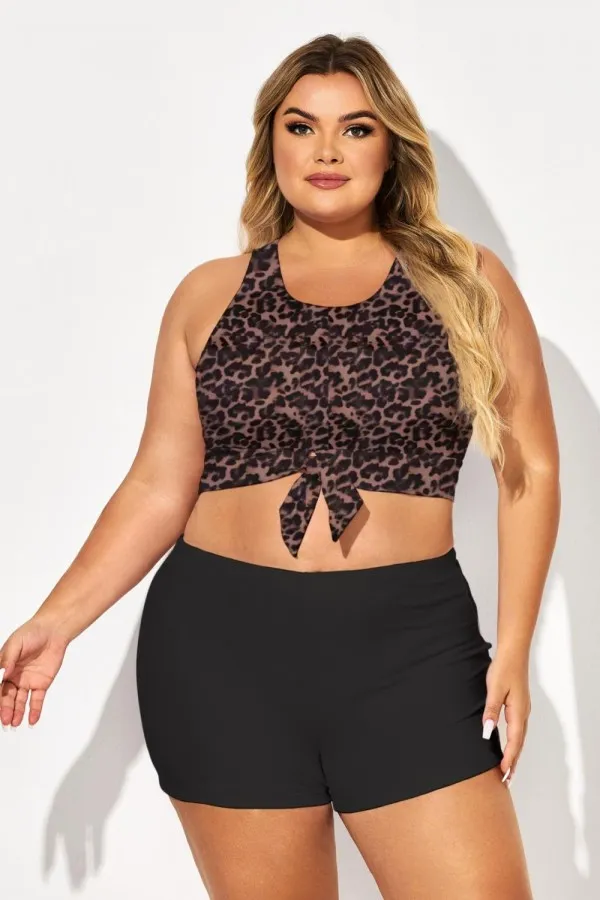 Dark Leopard Print Knotted Crop Bikini Top