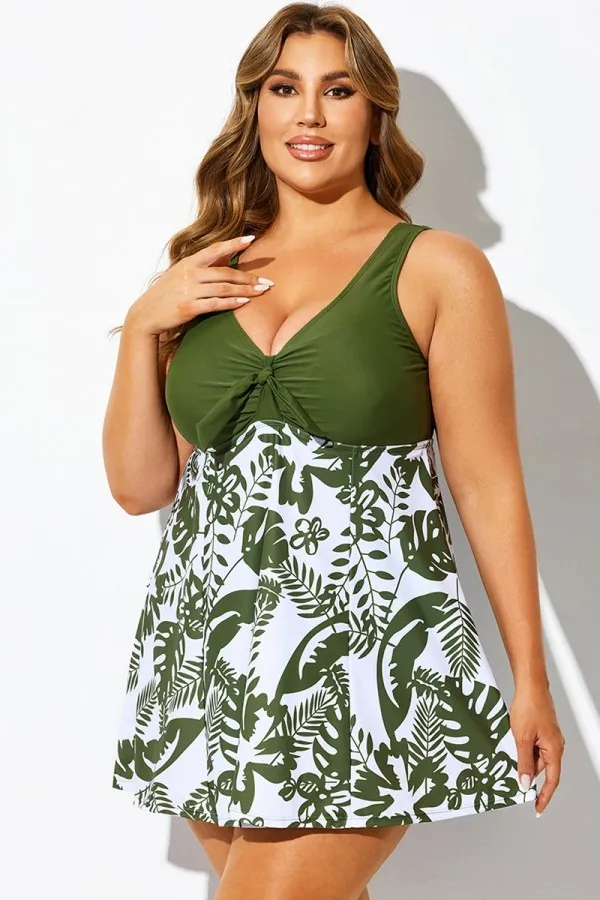 Green Floral Print Tie Front V-Neck Swimdress