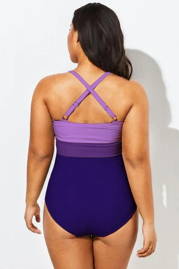 Purple Contrast Twist Front Skinny One Piece Swimsuit