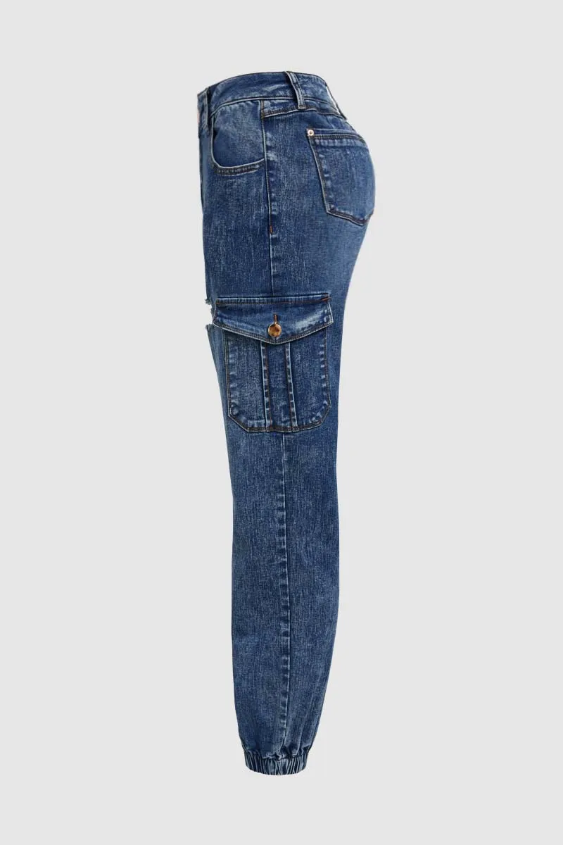 Wash Ripped Flap Pocket High Rise Cargo Jeans