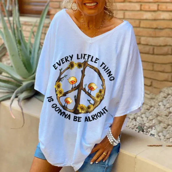 Every Little Thing Is Gonna Be Alright Printed Hippie V-neck Blouse Oversized